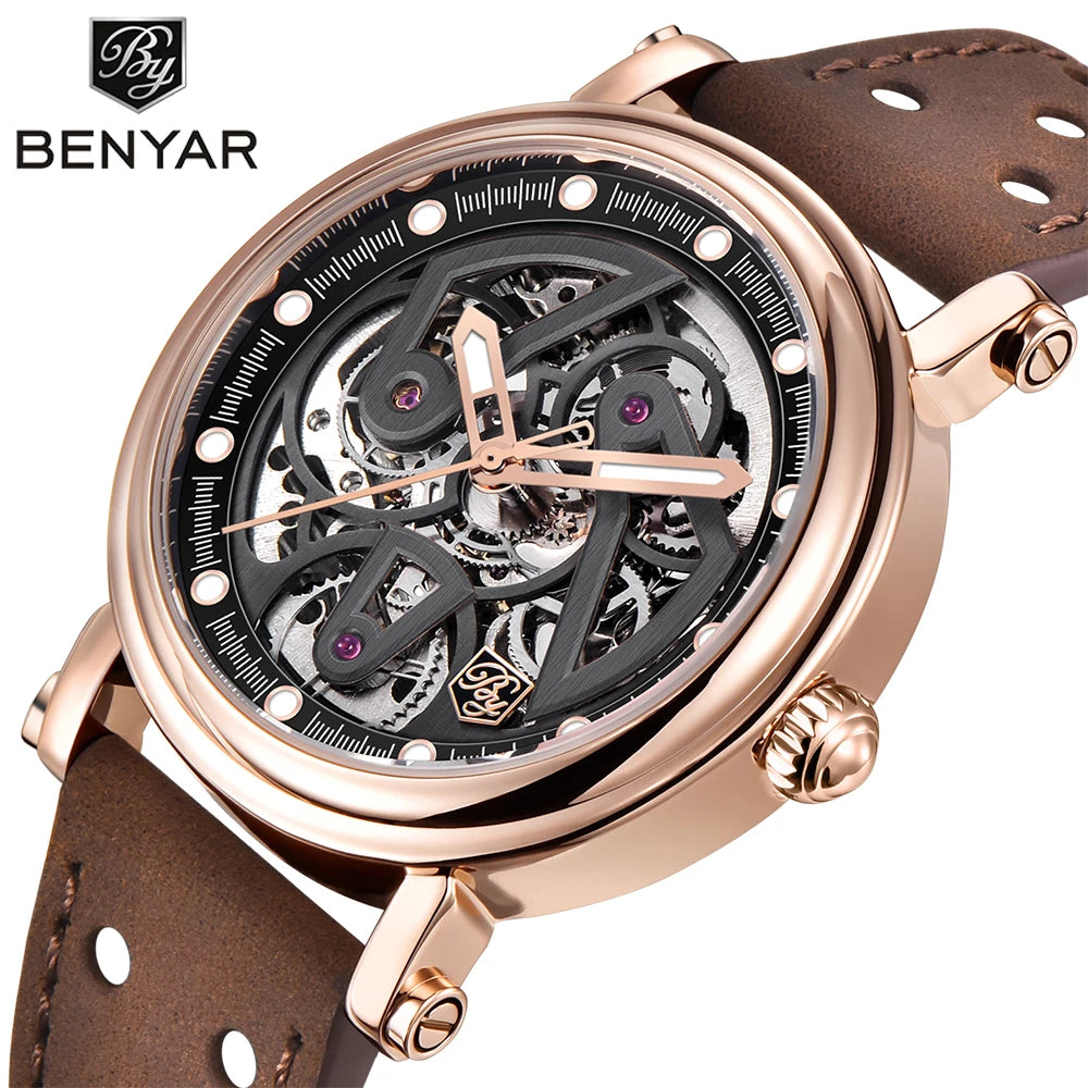 Benyar Watch 5202 Genuine Leather Strap Waterproofing Skeleton Low Moq Business Luxury Custom Face Man Mechanical Watch