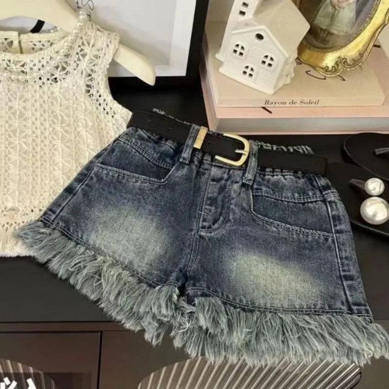 Girls' Summer Collection 2025 New Style Baby Girl Fashion Knitted Strap Top Cowboy Shorts 3-Piece Set Children's Clothing