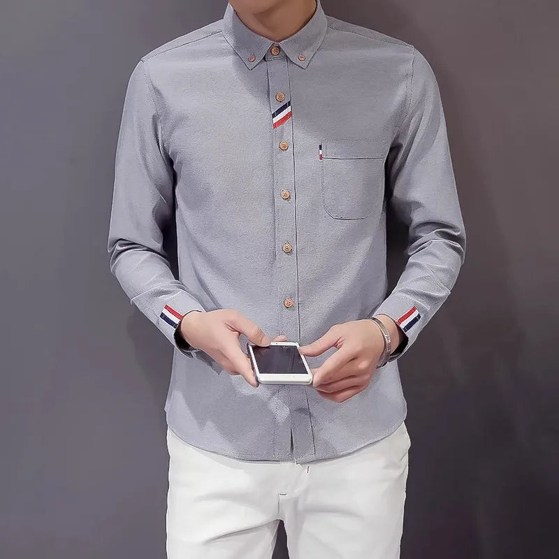 2023 Spring Men's Casual Solid Oxford Dress White Shirt Single Patch Pocket Long Sleeve Regular-fit Button-down Shirts
