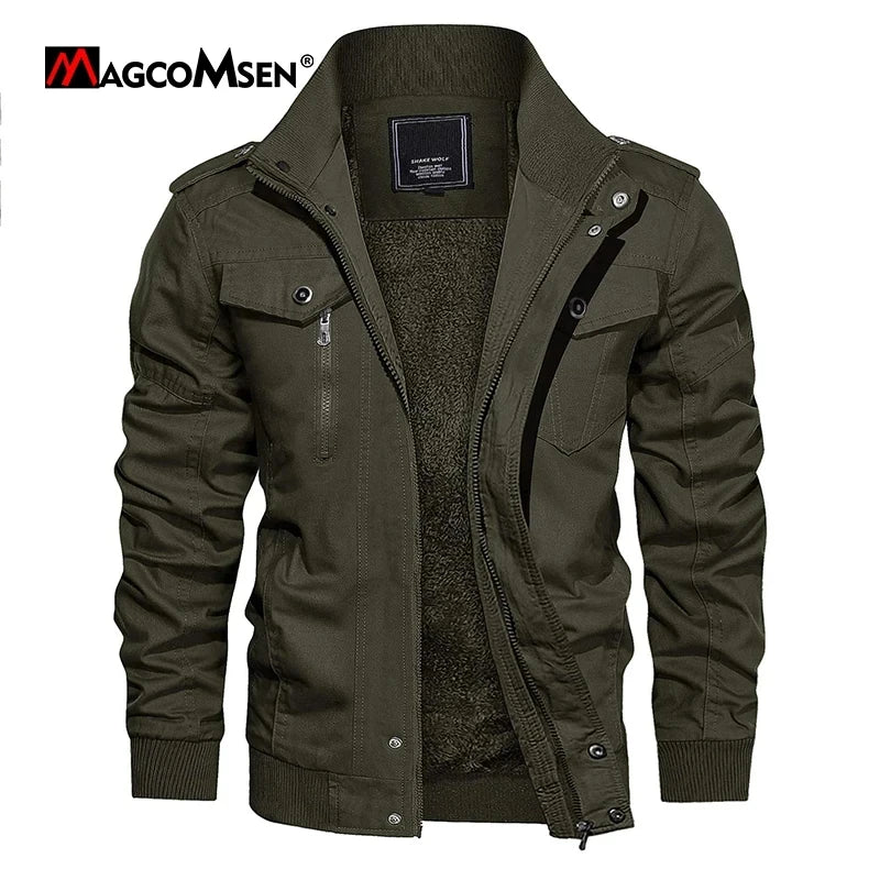 MAGCOMSEN Winter Fleece Men's Motorcycle Jackets Thermal Bomber Jackets Stand Collar Windbreaker Multi-pockets Worker Coats
