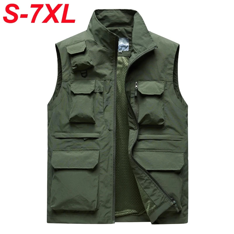 7xl Plus Size Multi-Pocket Vest Men Outdoor Sporting Fishing Vest Photography Work Clothes 6xl 5xl 4xl Casual Cargo Vest Jacket