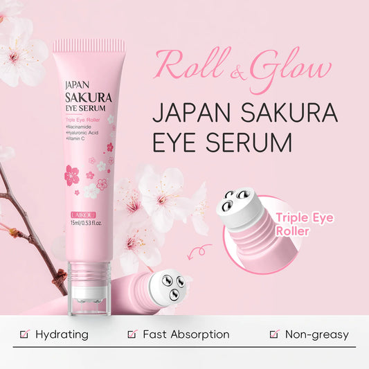 LAIKOU Sakura Moisturizing Eye Serum Roller Massage Hyaluronic Acid Anty Wrinkle Eye Cream Dark Circles Skin Care15ml