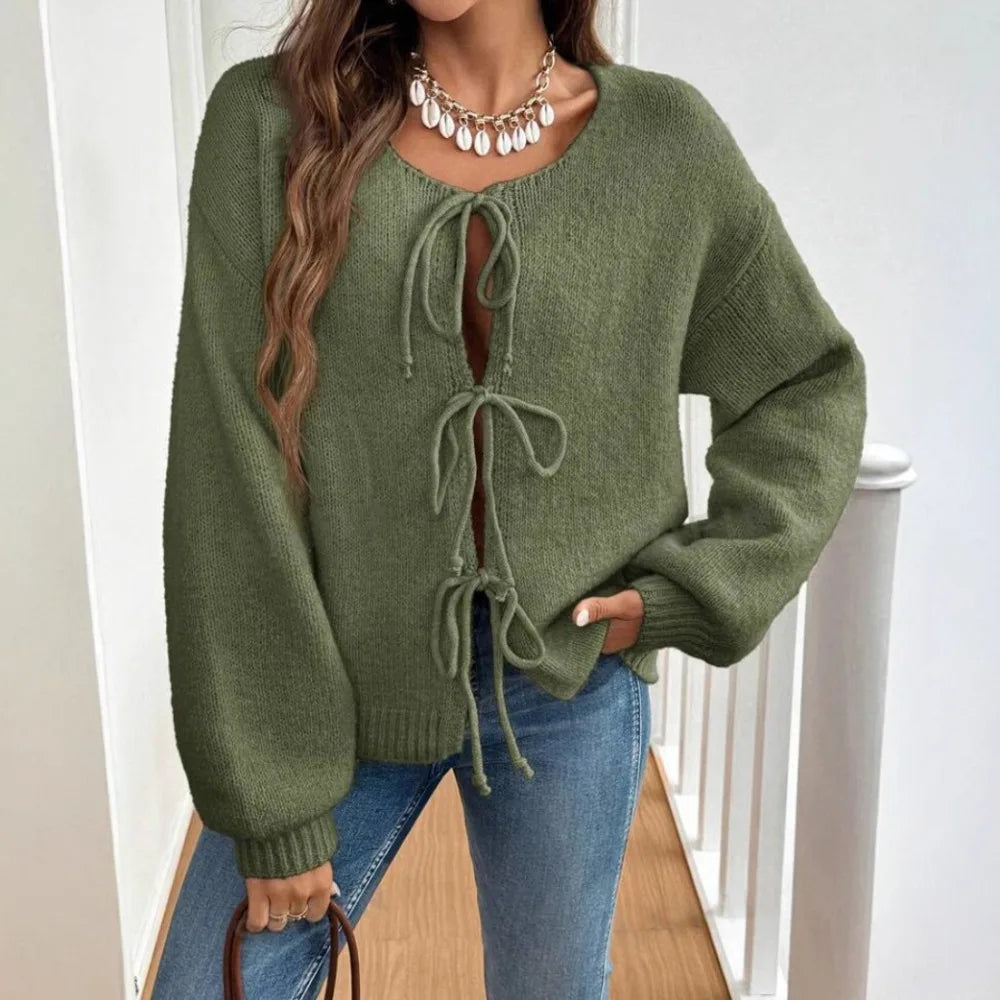 Women Solid Round Neck Lace Up Sweaters Cardigan Splice Knit Straight Jumpers Casual Long Sleeve Office Lady Autumn Winter