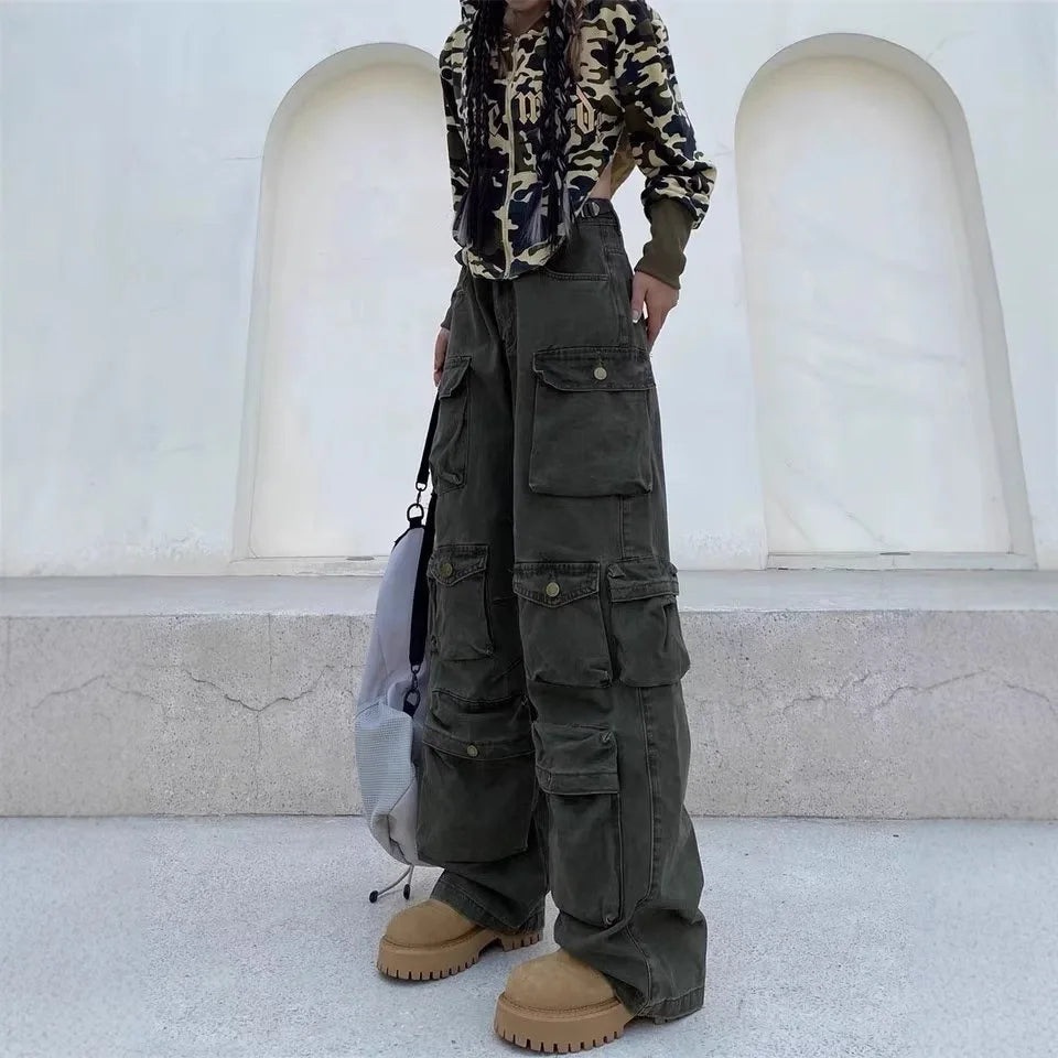 2024 New Y2K Cargo Pants for Women - Baggy Wide Leg Tactical Work Pants, High Waist Straight Fit Casual Streetwear Trousers Hot