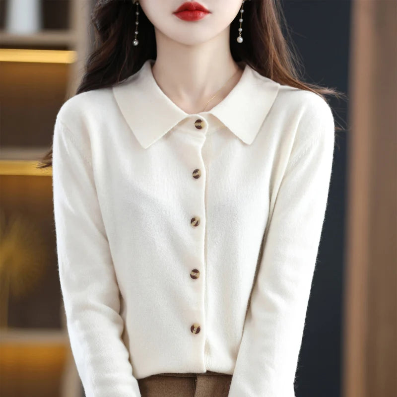 "Women's Pure Wool Lapel Cardigan – Autumn & Winter Casual Sweater"