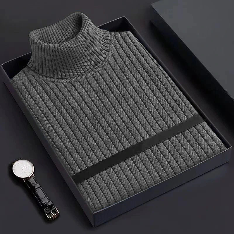 New Men's Slim Fit Pullover Woolen Sweaters Long Sleeve Turtleneck Heavyweight Tops Casual Stripe Knitted Winter Warm Outerwear
