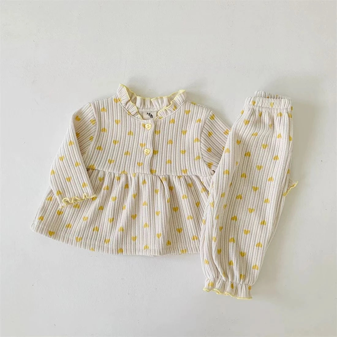 TZ2543 Korean Style Baby Casual Outfit with Heart Lace Trim Doll Shirt And Pants Spring Autumn Infant Clothing Two-Piece Set