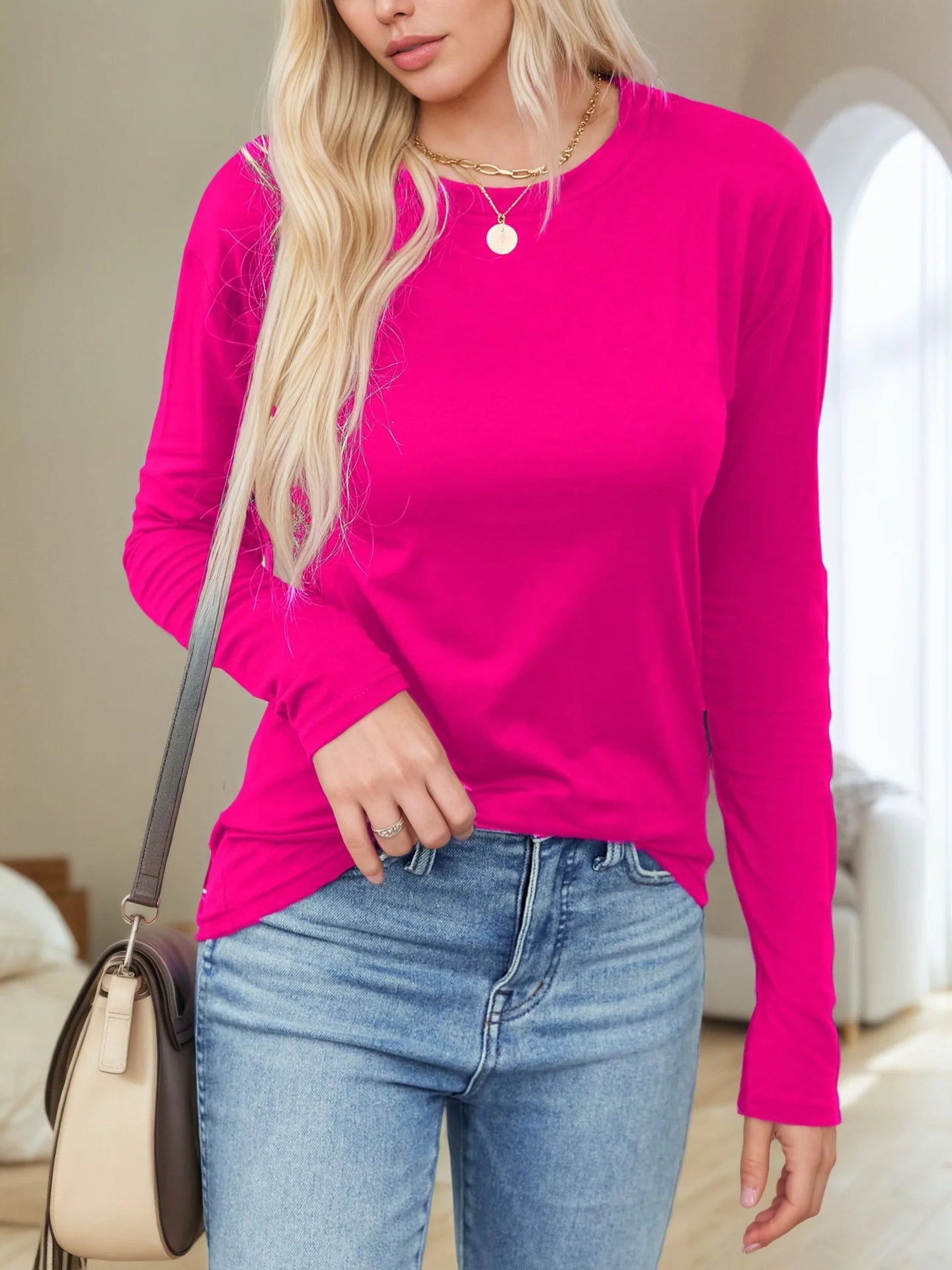 Women's New Spring Autumn Casual Round Neck Solid Color Base Layer Long Sleeve T-Shirt