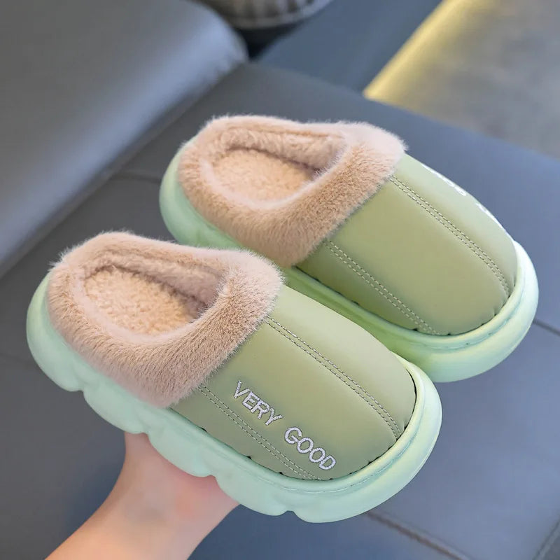 Waterproof Anti-Slip Kids Slippers Winter Warm Plush House Shoes for Boys Girls Indoor Outdoor Home Use