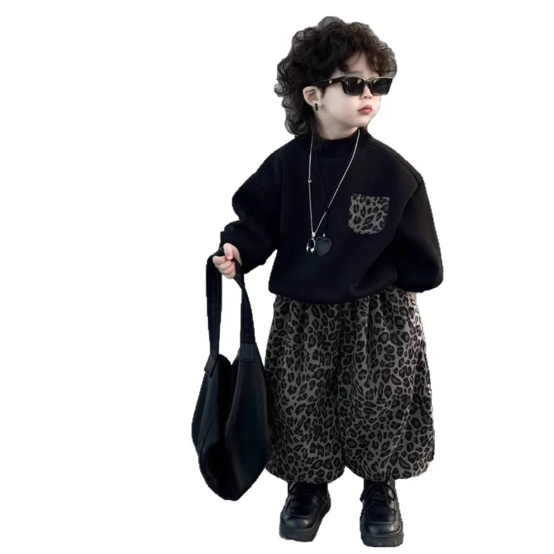 1-18Y Autumn Children's Set 2025 New Fashion Leopard Pattern Pants Korean Stylish Teens Boys' and Girls' Round Neck Hoodies Set