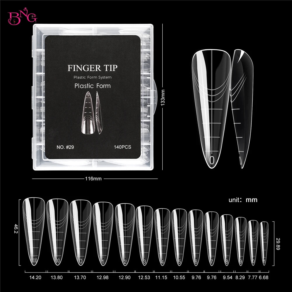 BNG 140Pcs Poly Extension Gel Dual Nail Forms Reusable Nail Molds for Builder Extension 14 Size Top Forms for Nail Art Design