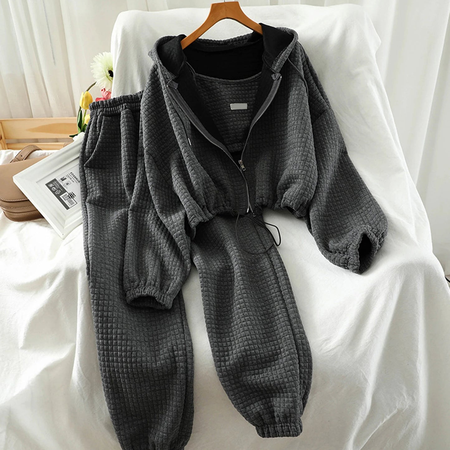 Women Vest Coat Pants Set Zipper Placket Coat Sport Pants Set Women's Autumn Winter Sport Outfit Sling Vest Hooded Coat Elastic