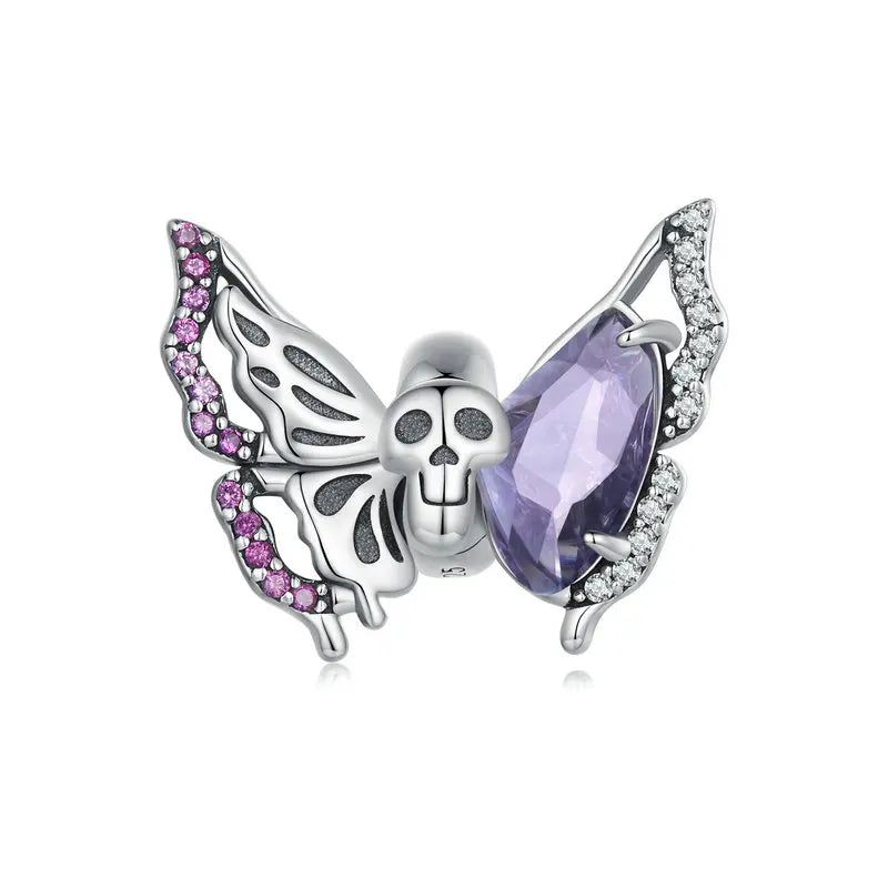 WOSTU 925 Sterling Silver Halloween Gift Purple Pendant Punk Skeleton Hand Bead Skull Butterfly Charm Fit DIY Bracelet Necklace
