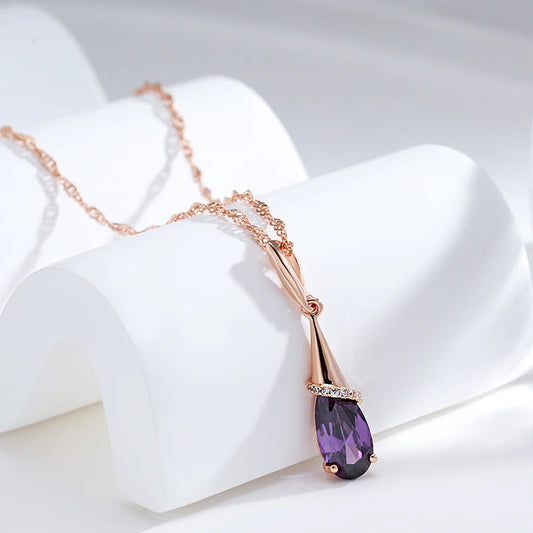 Elegant Rose Gold Necklace – Purple Zircon Pendant | Hypoallergenic | Perfect Gift for Women | Long Chain (50cm)