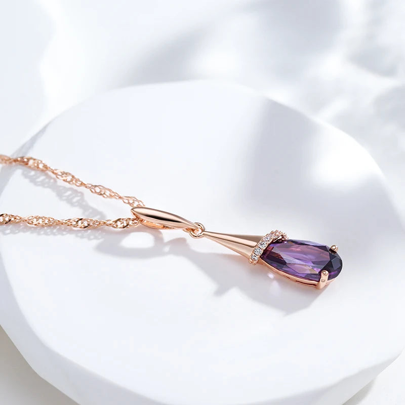 Elegant Rose Gold Necklace – Purple Zircon Pendant | Hypoallergenic | Perfect Gift for Women | Long Chain (50cm)