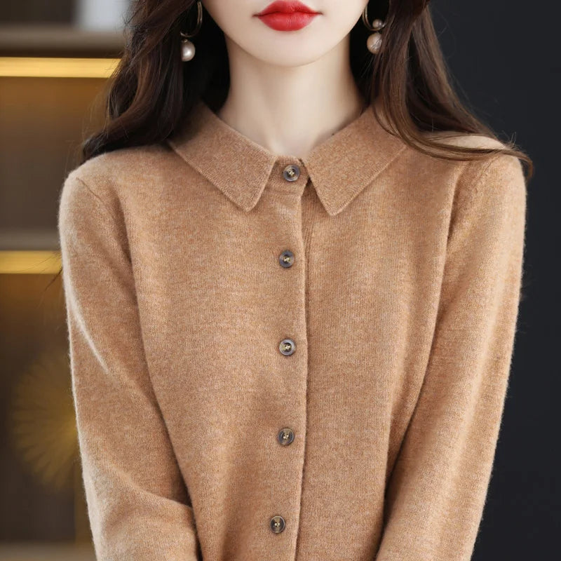 "Women's Pure Wool Lapel Cardigan – Autumn & Winter Casual Sweater"