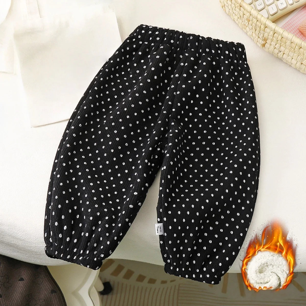 Winter Warm Fleece Lined Kids Pants Printed Toddler Boys Girls Trousers Retro Polka Dot Pattern Children's Clothes