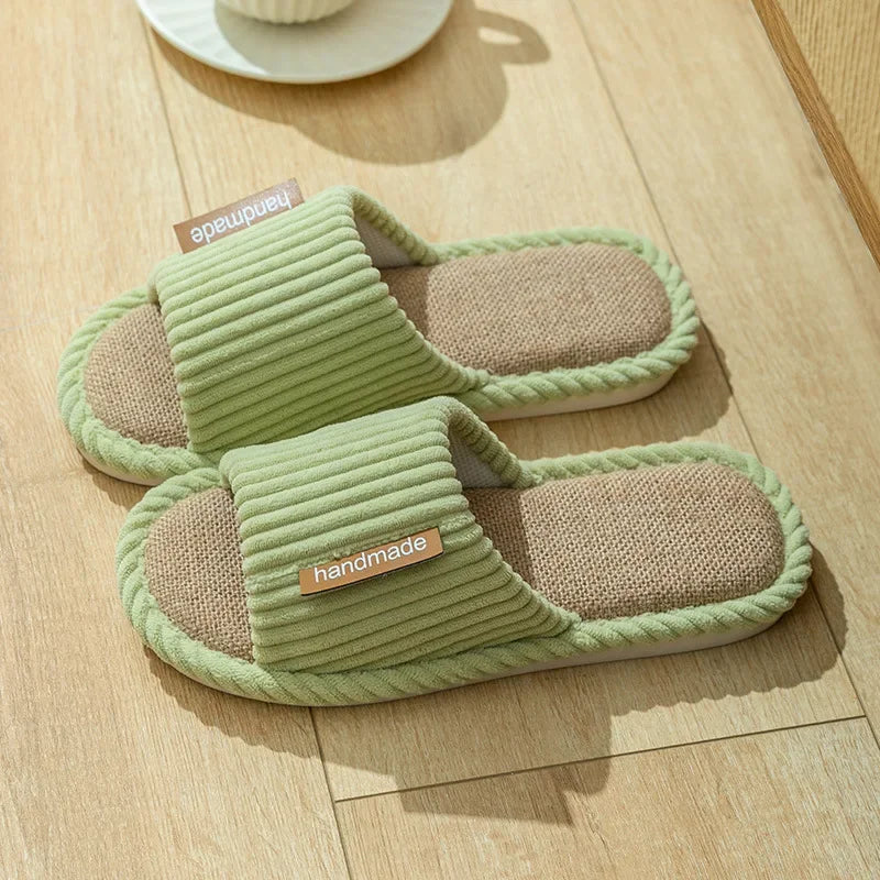 Striped Slippers Women Autumn Home Linen Flip Flops Couples Indoor House Non Slip Sandals Guest Shoes Male Flat Flax Sneaker