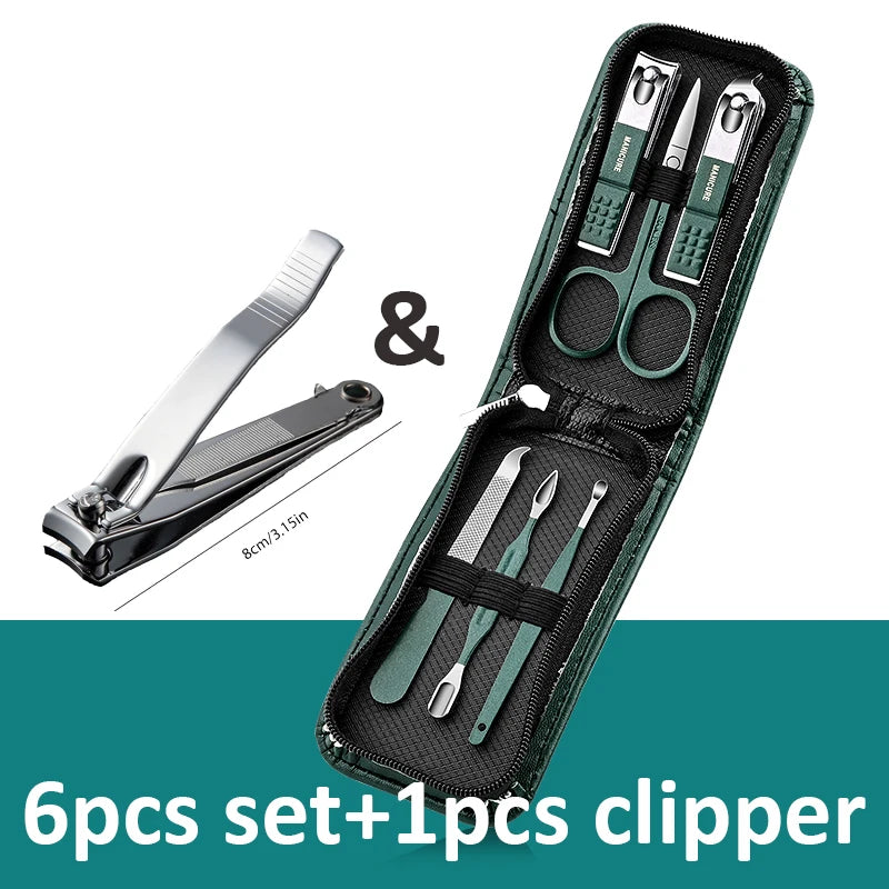 Green 6-18 Pcs Manicure Set With Leather Case Professional Foot And Face Care Tool Kits Stainless Steel Nail Clipper Sets Gift