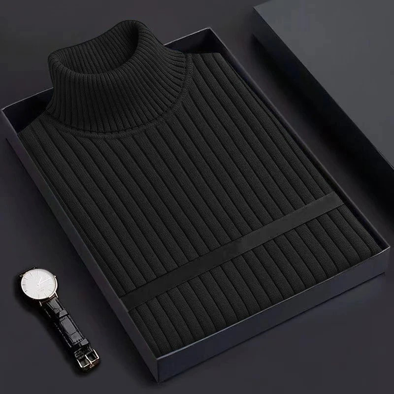 New Men's Slim Fit Pullover Woolen Sweaters Long Sleeve Turtleneck Heavyweight Tops Casual Stripe Knitted Winter Warm Outerwear