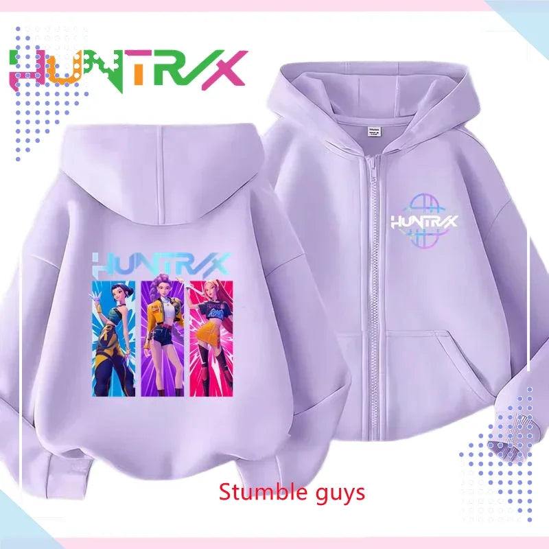 Kids Purple Zipper Hoodies Spring Autumn Kpop Demon Hunters Sweatshirt For Spring Picnic & Autumn Walk
