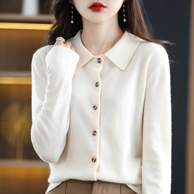 "Women's Pure Wool Lapel Cardigan – Autumn & Winter Casual Sweater"