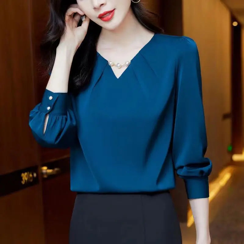 Spring Autumn Women's Clothing Embroidered Flares Pullover Blouses Fashion V-Neck Solid Color Long Sleeve Chiffon Shirts