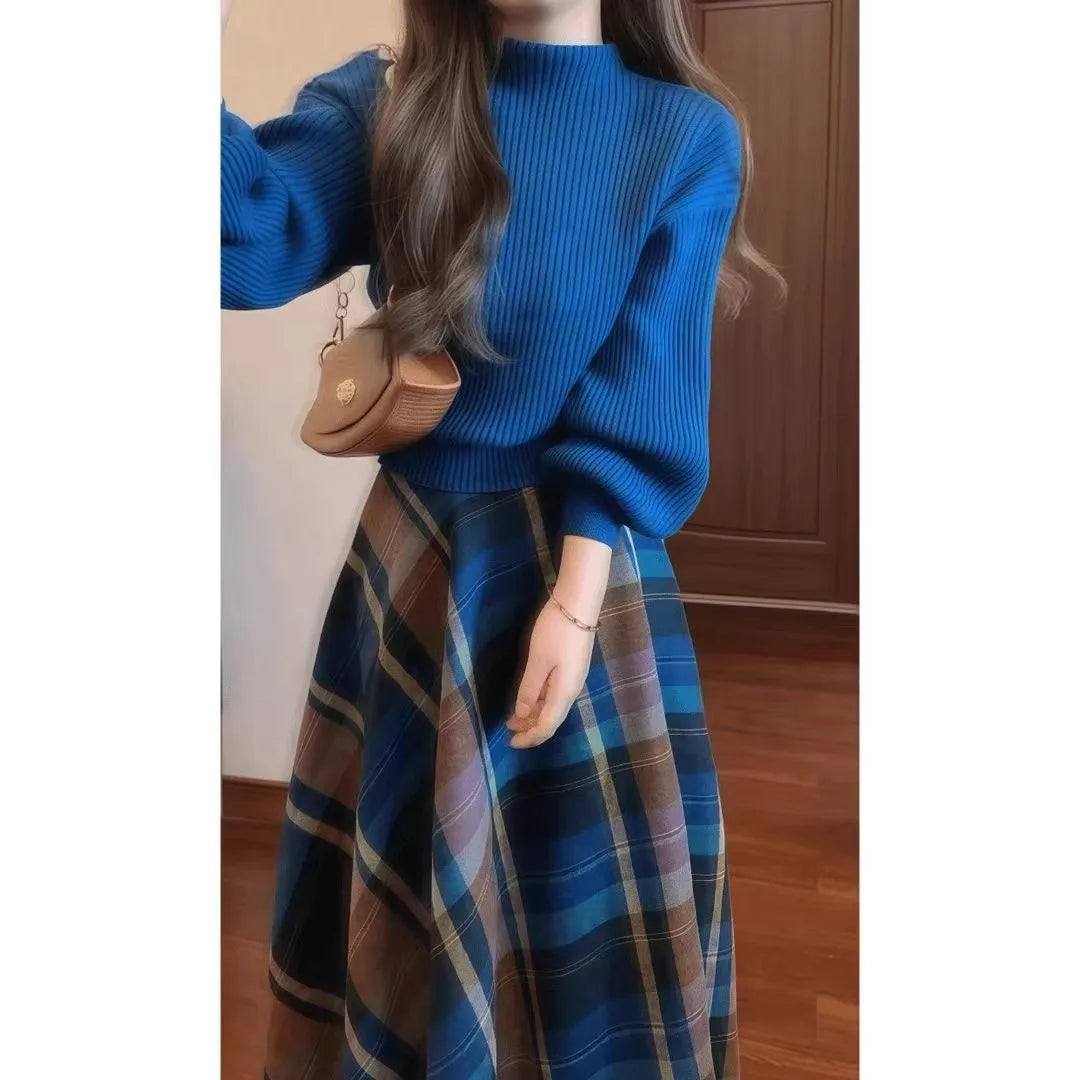Spring and Autumn Women's American Retro Royal Blue Lantern Sleeve Knitted Sweater and Plaid Skirt Suit High Waist Umbrella Skirt Fashionable and Elegant Long Sleeve Pullover Commuting Suit