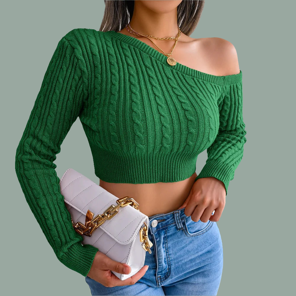 Off Shoulder Long Sleeve Short Women's Knitting Sweater Autumn/Winter 2024 Fashion Fried Dough Twists Sexy Sweater Top New Item