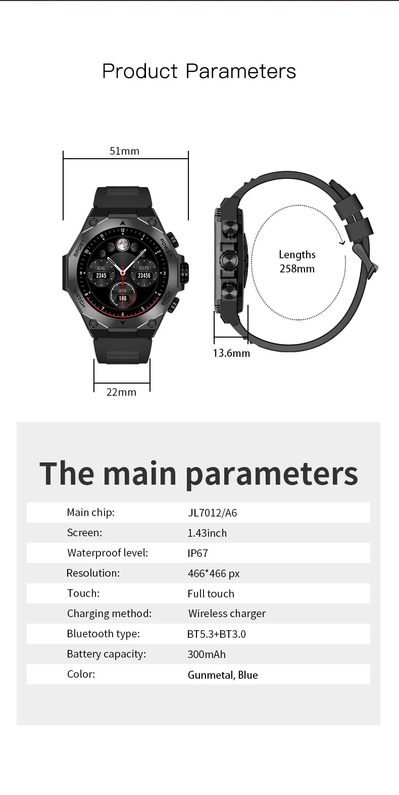 AM18 Smart Watch 1.43 Inch AMOLED Screen Music Playback Blood Pressure Monitoring IOS Activity Tracker Smart Watch for Men