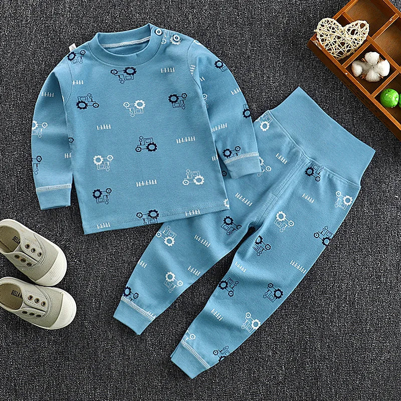 New Kids Boys Girls Pajama Sets Cartoon Print Long Sleeve O-Neck T-Shirt Tops with Pants Toddler Baby Autumn Sleeping Clothing