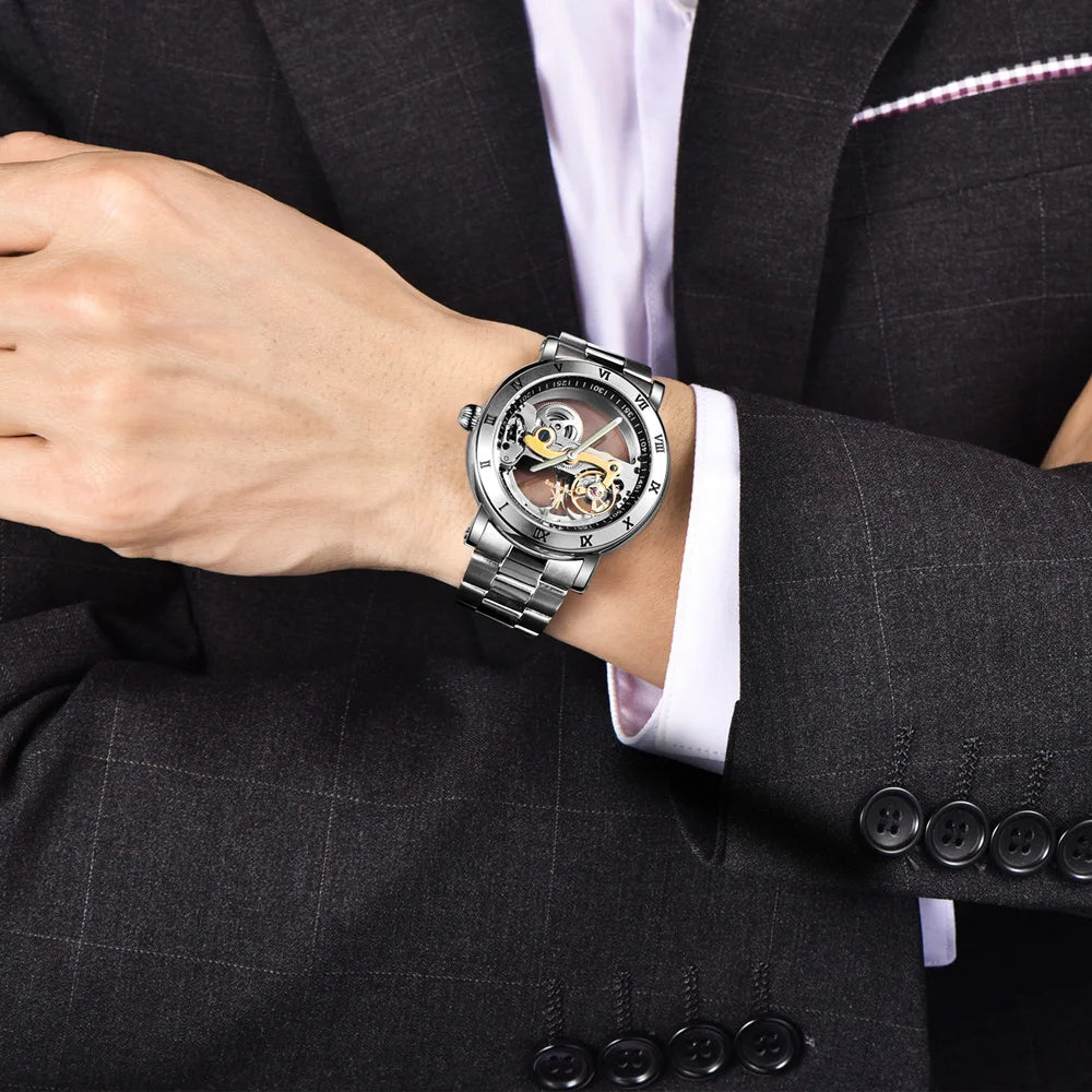 IK Brand Man Watch Luxury Full Stainless Steel 5ATM Waterproof Male Clock Self Winding Mechanical Wristwatch Relogio Masculino