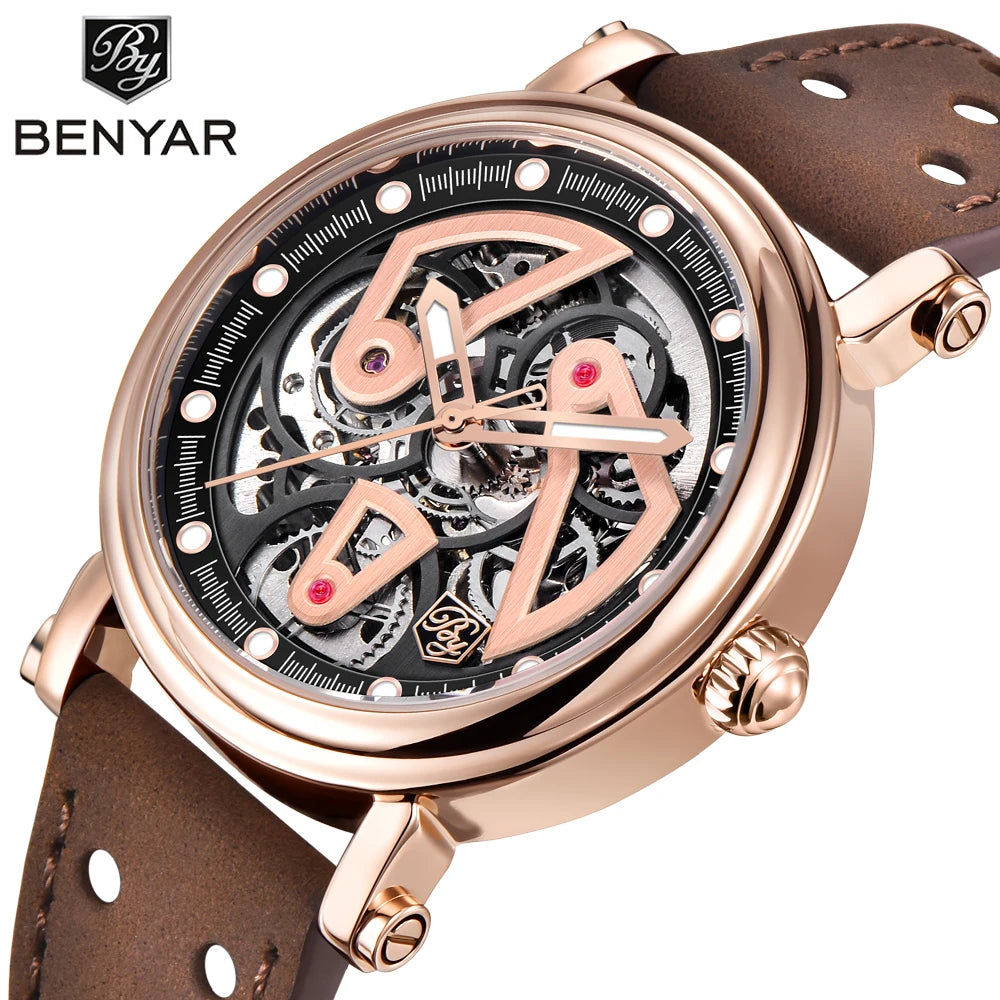 Benyar Watch 5202  Genuine Leather Strap Waterproofing Skeleton Low Moq Business Luxury Custom Face Man Mechanical Watch