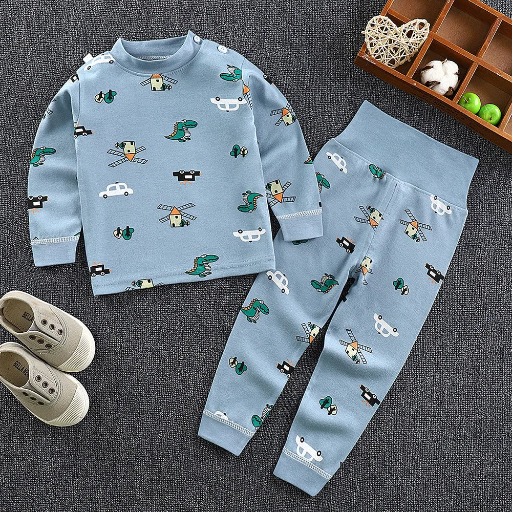 New Kids Boys Girls Pajama Sets Cartoon Print Long Sleeve O-Neck T-Shirt Tops with Pants Toddler Baby Autumn Sleeping Clothing