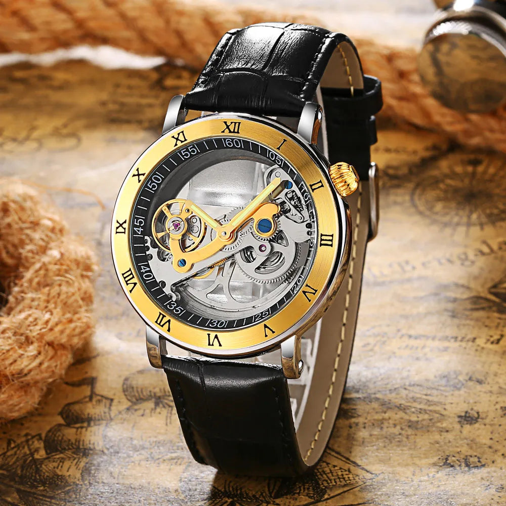 2020 Classic Luxury Gold Roma Watches Men Transparent Hollow Tourbillon Watches Men Automatic Self Wind Mechanical Wristwatches