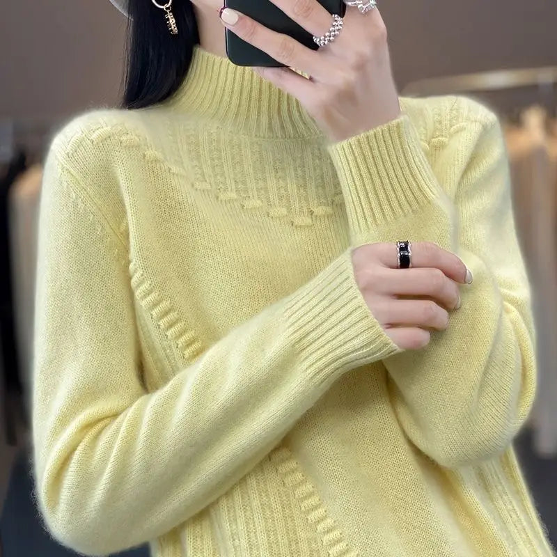 2024 Autumn New Loose Women's Semi-turtleneck Thickened Solid Color Simple Crochet Casual Knitted Sweater Pullover Top