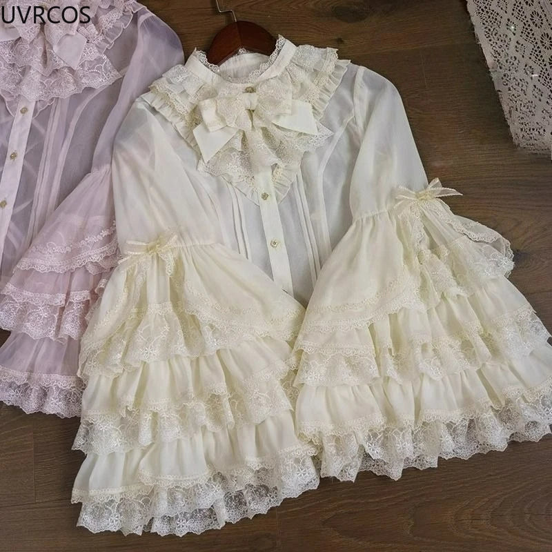 Pink Japan Lolita Flare Sleeve Sweet Bow Shirts Y2k Aesthetic Slash Neck Lace Patchwork Blouse Women Loose Grunge Ruffled Blusas