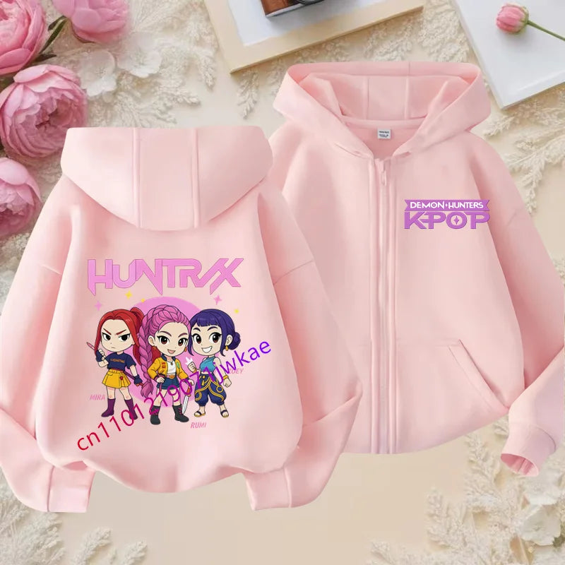 Kid Girl Boy Sweatshirt Zipper Pink Hoody Baby Casual Tops Funny Zip Up Sweatshirts Kpop Demon Hunters Hoodie Children Clothes
