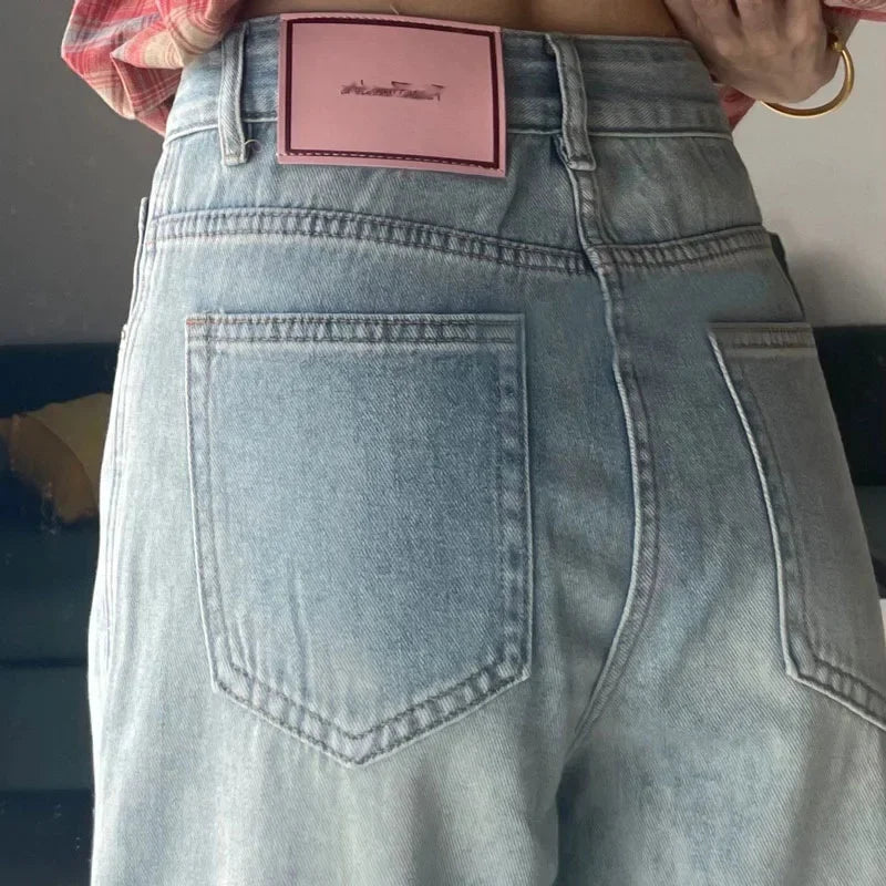 Denim Pant Women Jeans Basics Full Length Straight Wide Leg Pants High Waist Pockets Button Solid Vintage Trousers Casual Denims