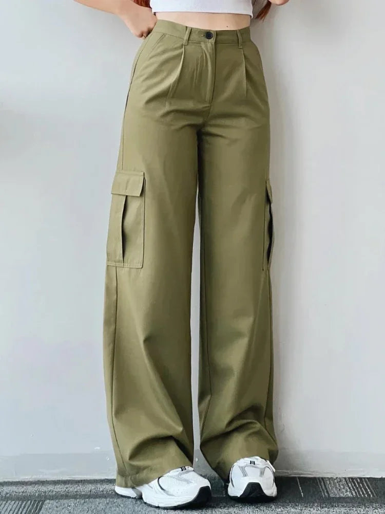 New Straight Cargo High Waist Baggy Trousers Casual Wide Leg Slim Vintage Streetwear Pocket Fashion Women Casual Pants