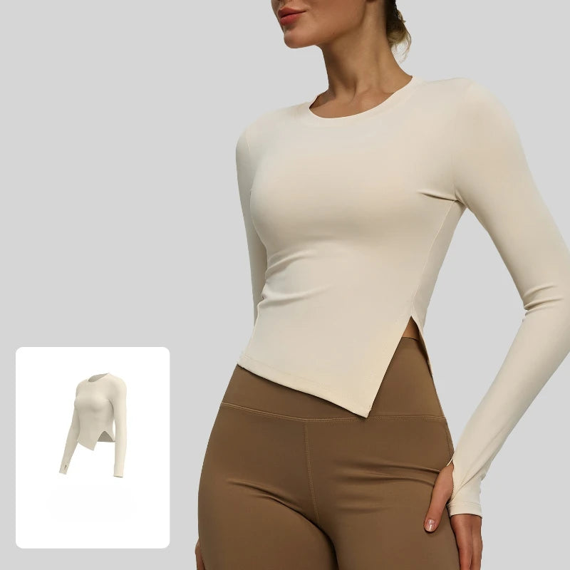 Autumn and Winter New Long Sleeve T-shirt Round Neck Split Solid Color Yoga Clothing Sports Fitness Clothing Breathable Y2k