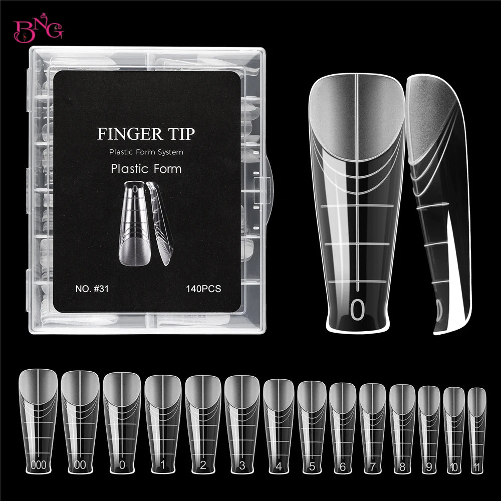 BNG 140Pcs Poly Extension Gel Dual Nail Forms Reusable Nail Molds for Builder Extension 14 Size Top Forms for Nail Art Design