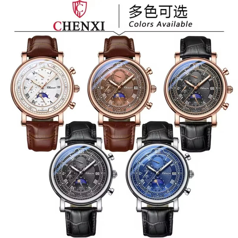 CHENXI 976 Multi functional Clock True Three Eye Six Needle Lunar Calendar Business Quartz Leather Men's Watches montres hommes