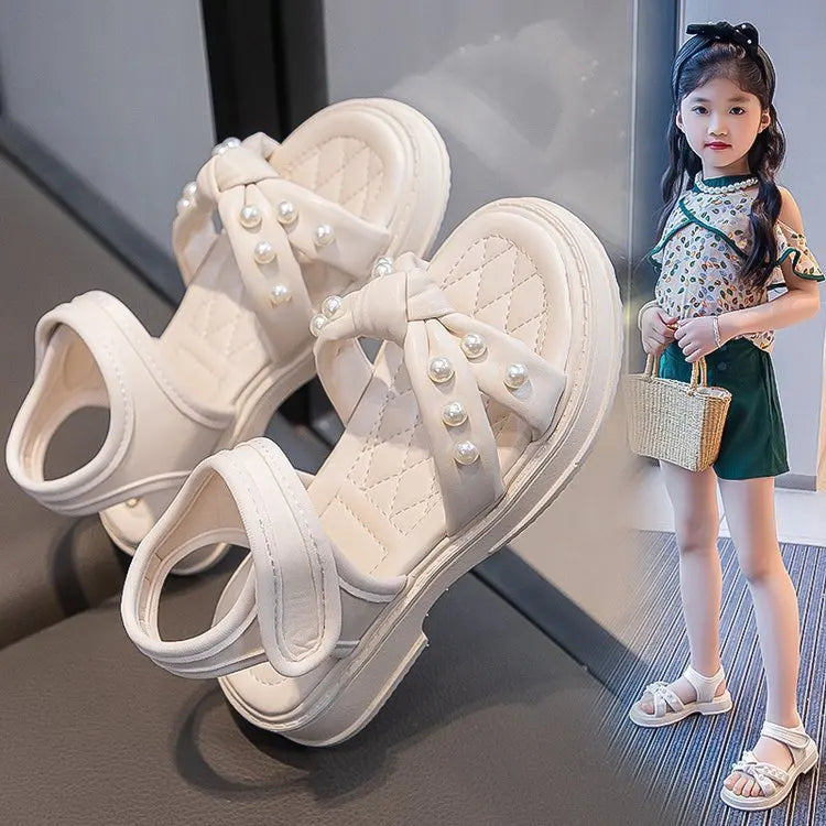 Little Girls Sandals 2024 Summer New Princess Shoes with Pearl for Party Wedding Kids Anti Slip Knot Beach Shoes for Vacation