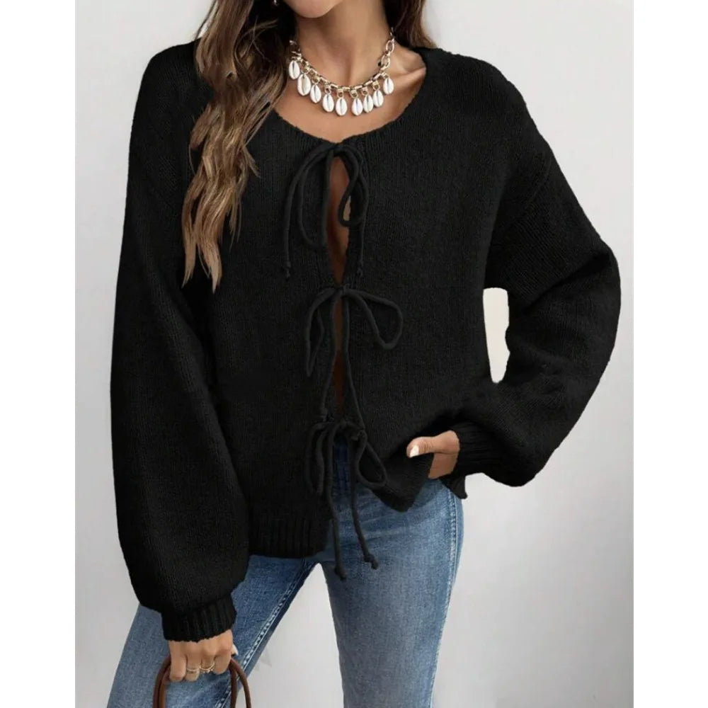 Women Solid Round Neck Lace Up Sweaters Cardigan Splice Knit Straight Jumpers Casual Long Sleeve Office Lady Autumn Winter