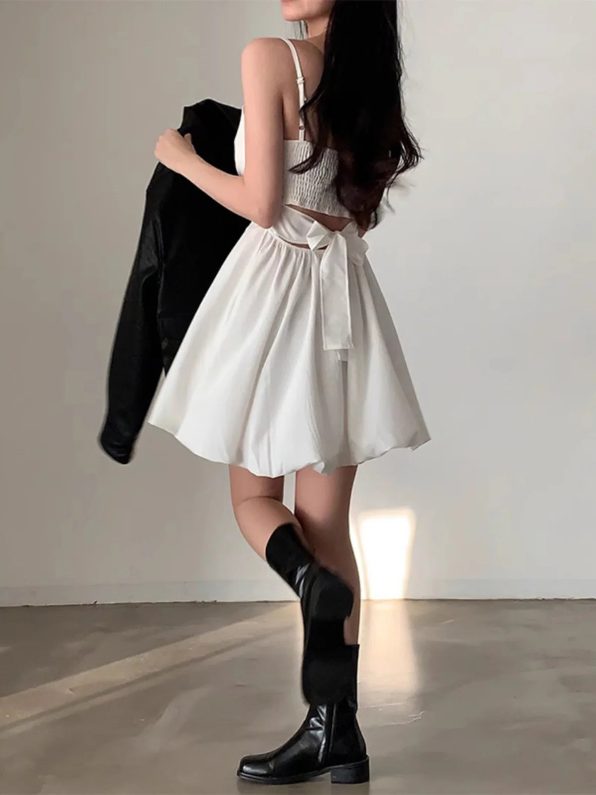 Spring Summer Chic  Knot Belted Pleated  Flower Bud Strap Dr ort Women's Skirt High Waist No Sve Pure Color