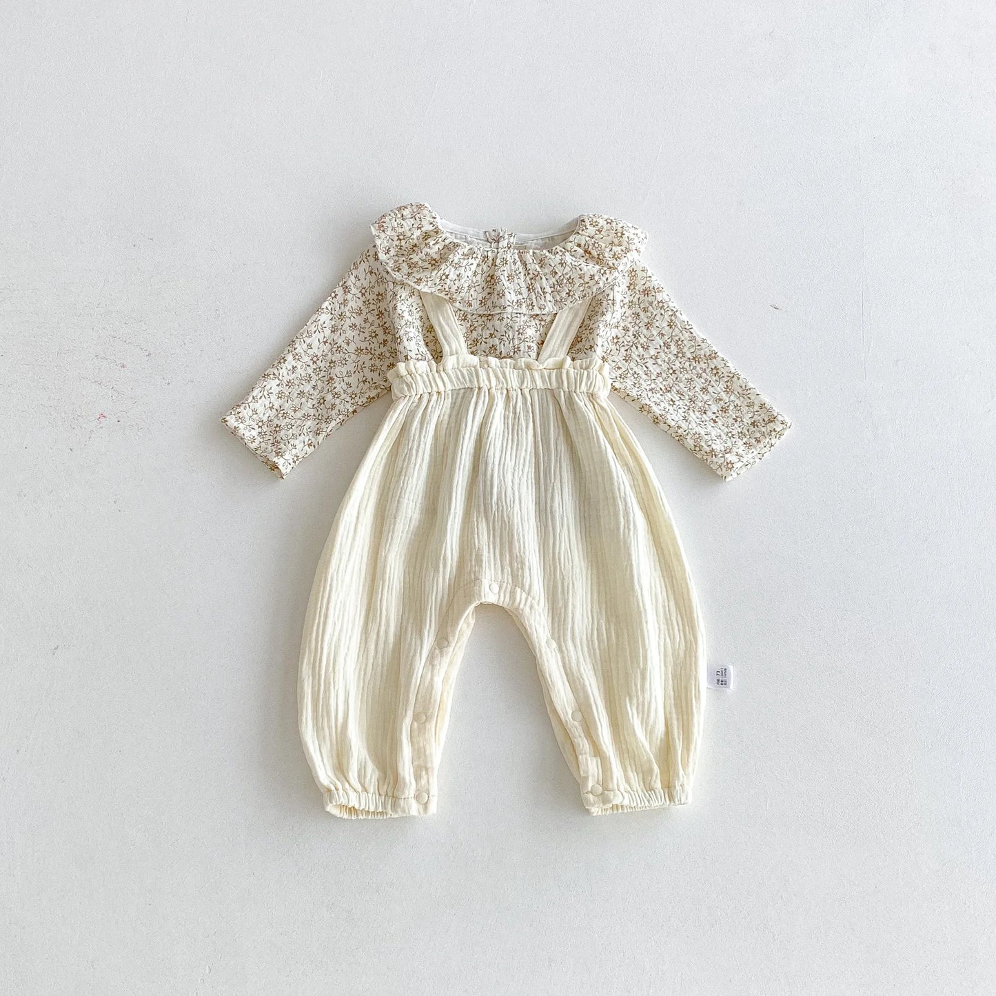 Cotton Infant Toddler Overalls Set 2025 Autumn New Baby Girl Long Sleeve Floral Lapel Tops + Solid Strap Romper 2pcs Suit