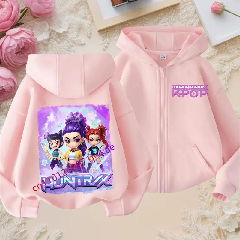 Kid Girl Boy Sweatshirt Zipper Pink Hoody Baby Casual Tops Funny Zip Up Sweatshirts Kpop Demon Hunters Hoodie Children Clothes