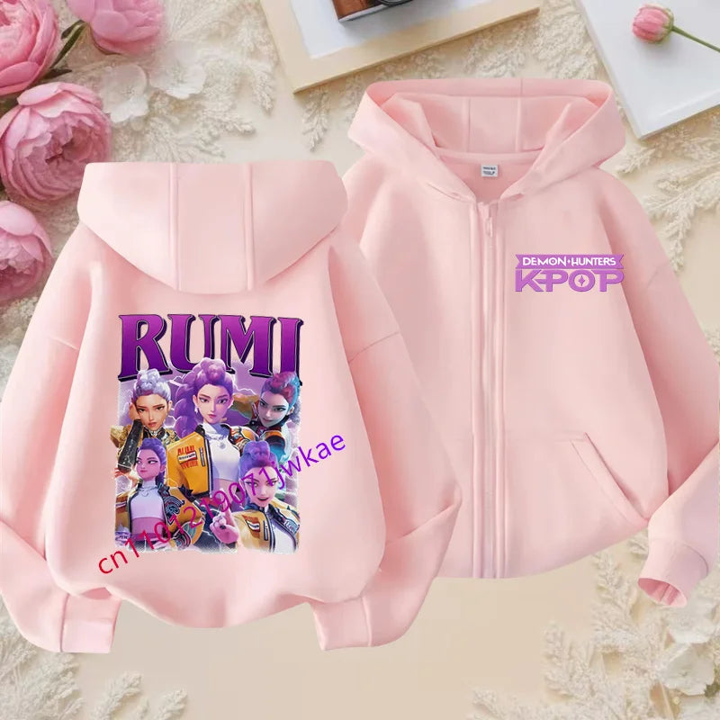 Kid Girl Boy Sweatshirt Zipper Pink Hoody Baby Casual Tops Funny Zip Up Sweatshirts Kpop Demon Hunters Hoodie Children Clothes