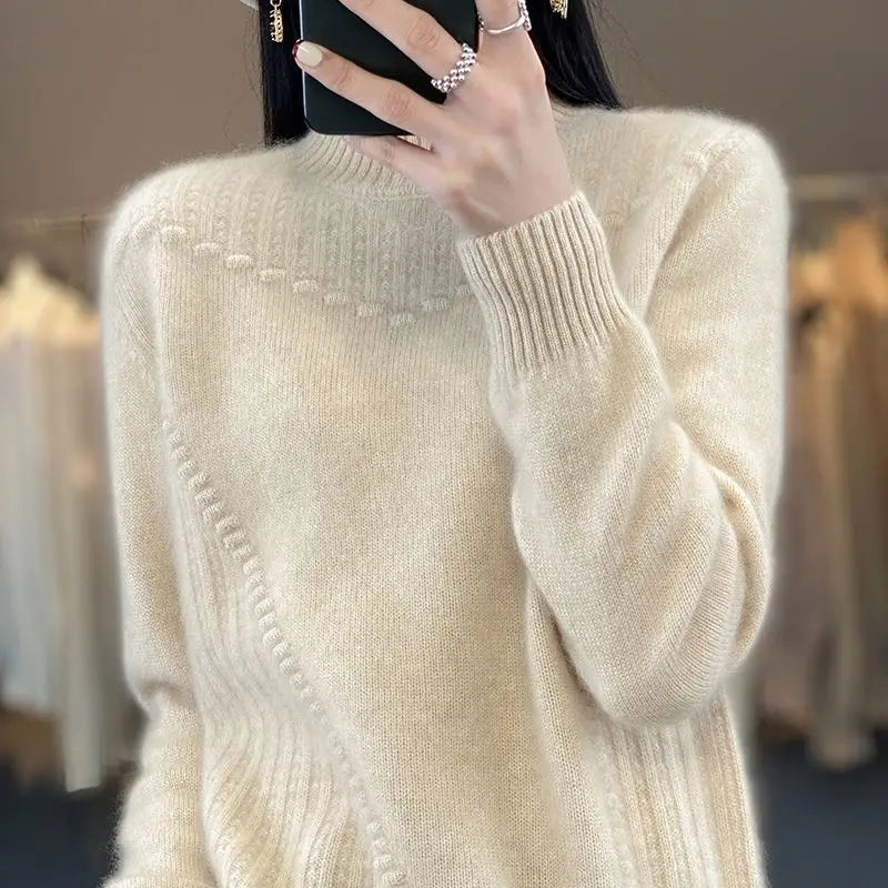 2024 Autumn New Loose Women's Semi-turtleneck Thickened Solid Color Simple Crochet Casual Knitted Sweater Pullover Top